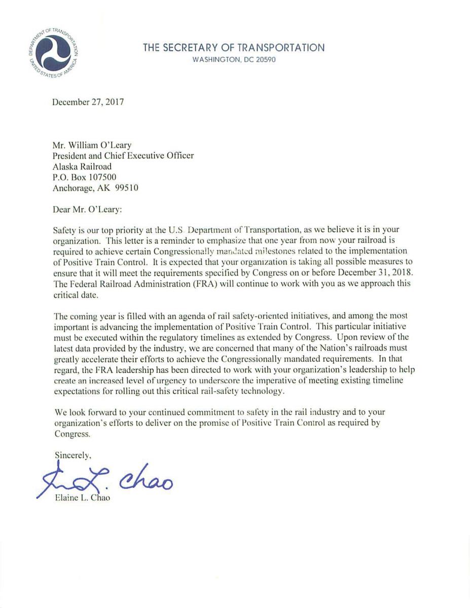 Capture of letter sent by Secretary Elaine L. Chao; clicking this image opens the PDF of Secretary Chao's letters