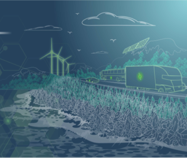 A sketch of vehicles traveling on a coastal highway that is protected from flooding by a marsh and rock sill.