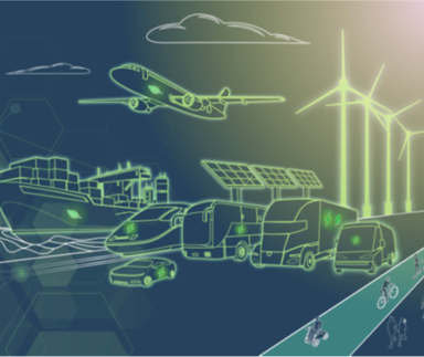A sketch of an airplane, ship, train, bus, truck, van and car powered by electricity or sustainable fuels.  Sketch also includes pedestrians and bicyclists.