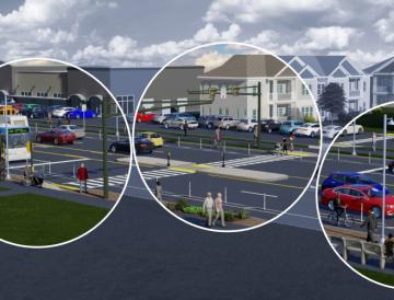 Streetscape with circles highlighting safety features