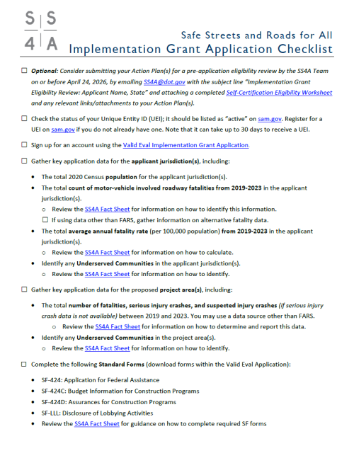 First page of the SS4A Implementation Grant Application Checklist