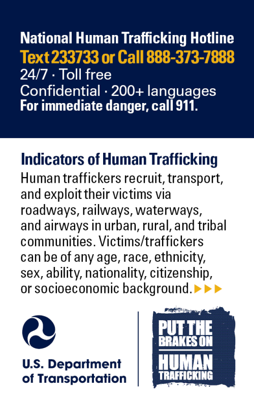 Pocket card for national human trafficking hotline and indicators of human trafficking