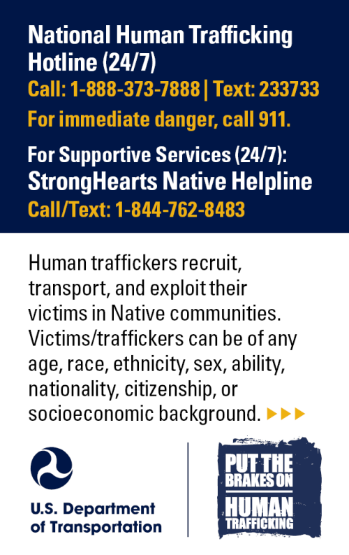 Native communities pocket card for national human trafficking hotline and indicators of human trafficking
