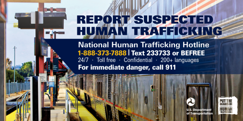 Rail visor card for reporting suspected human trafficking.
