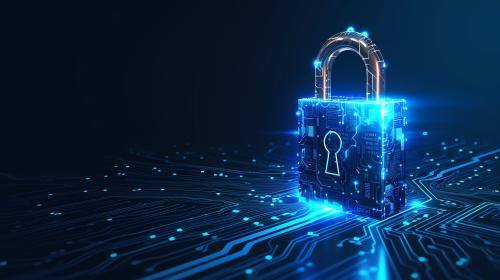 Glowing lock on microchip surface.