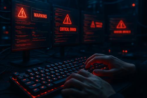 Dark image with red warning signs.