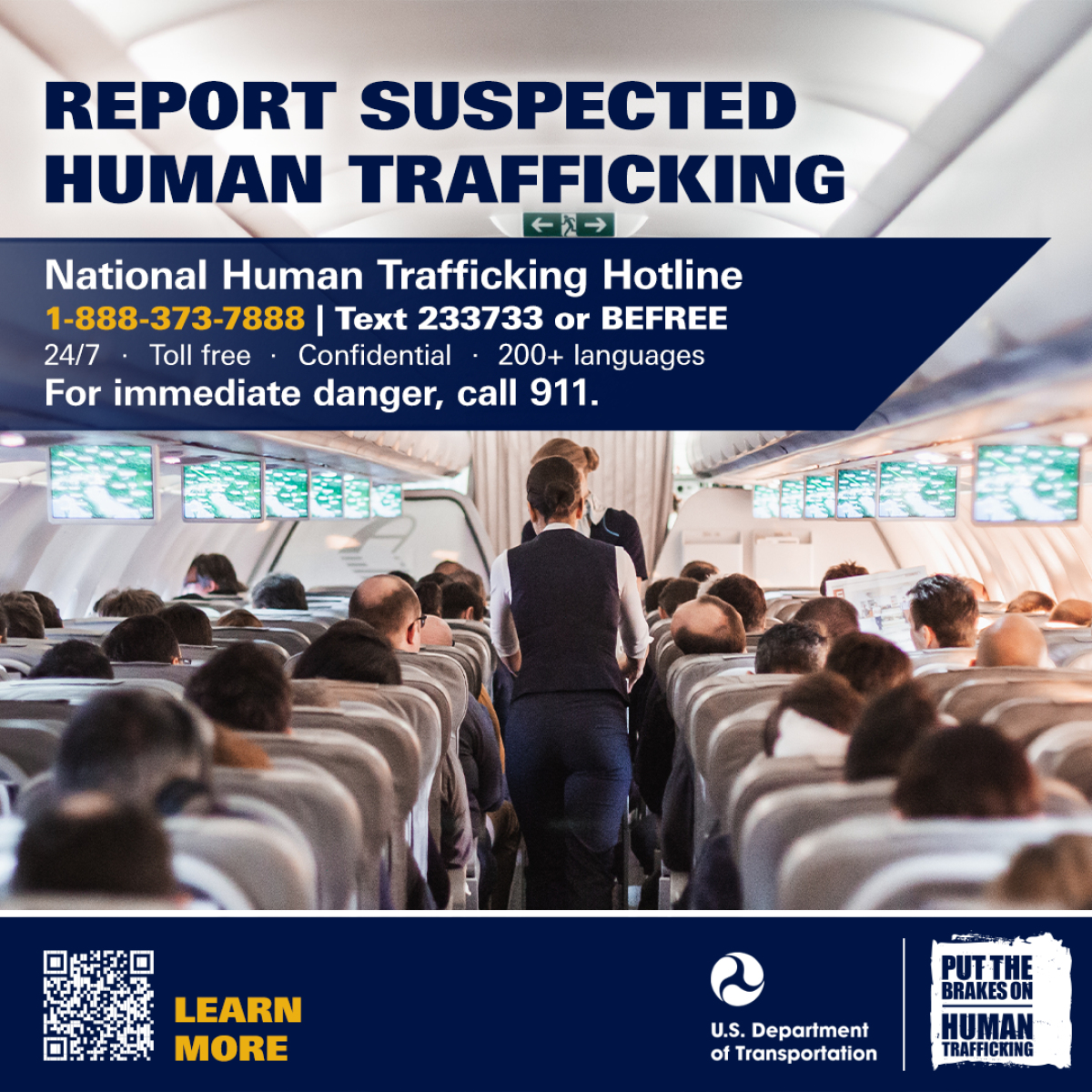 Airplane digital display graphic for reporting suspected human trafficking.