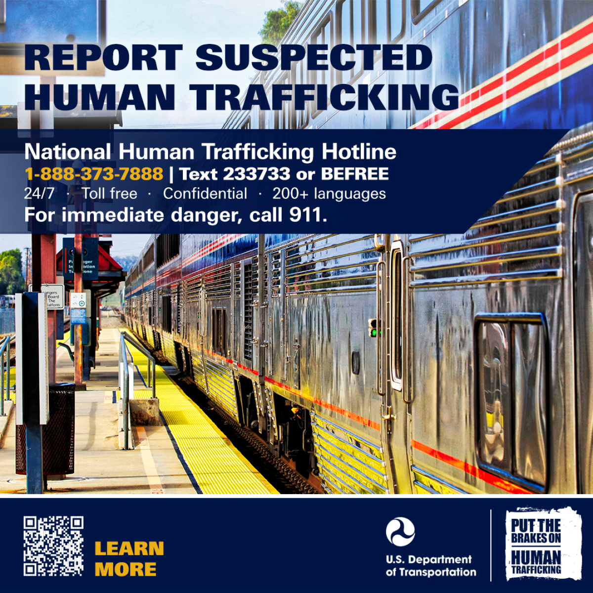 Rail digital display graphic for reporting suspected human trafficking.