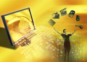 Technology themed illustration with man juggling different tech icons