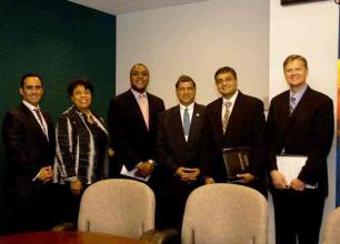 L-R) Leonardo San Roman, Small Business Specialist, Procurement Assistance Division, OSDBU; DeVera Redmond, Supervisor, Procurement Assistance Division, OSDBU; Brandon Neal, Director, OSDBU; Shiv Krishnan, President and CEO of INDUS Corp.; Sandesh Sharda, President, Miracle Systems, Inc.; Randall Nossaman, Small Business Specialist, OSDBU