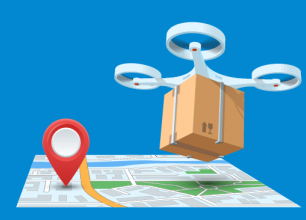 Map with a Google-style location pin and a drone carrying a package above it