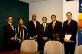 L-R) Leonardo San Roman, Small Business Specialist, Procurement Assistance Division, OSDBU; DeVera Redmond, Supervisor, Procurement Assistance Division, OSDBU; Brandon Neal, Director, OSDBU; Shiv Krishnan, President and CEO of INDUS Corp.; Sandesh Sharda, President, Miracle Systems, Inc.; Randall Nossaman, Small Business Specialist, OSDBU