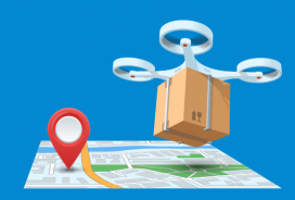 Map with a Google-style location pin and a drone carrying a package above it